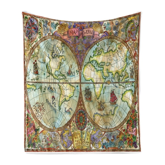 Watercolor Soft Flannel Fleece Throw Blanket, Vintage World Map Antique Grunge Drawings Mystic Adventure Discovery, Cozy Plush for Indoor and Outdoor Use, 50" x 70", Multicolor, by Ambesonne