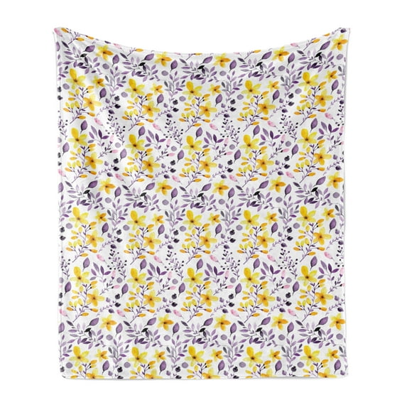 Watercolor Soft Flannel Fleece Throw Blanket, Yellow Wildflowers Spring Garden Botanical Foliage with Herbs, Cozy Plush for Indoor and Outdoor Use, 50" x 60", Yellow Purple White, by Ambesonne