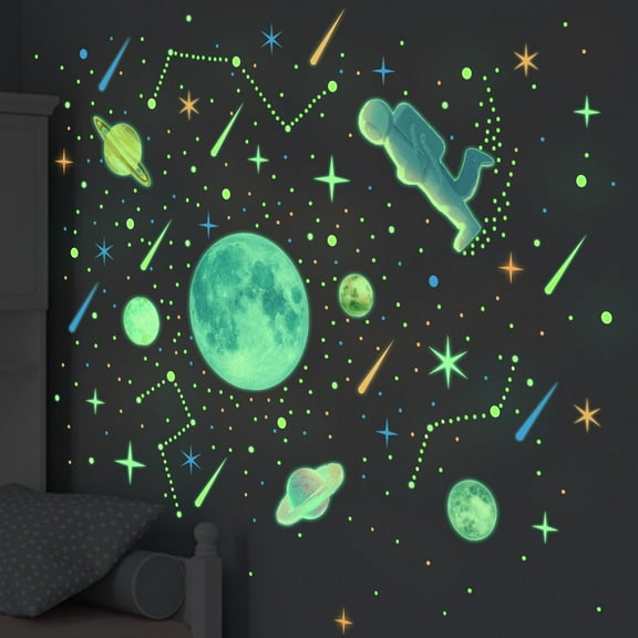 Watercolor Solar System Wall Decals, Glow in The Dark Stars, Kids Planets Sticker for Ceiling, Astronaut Wall Stickers for Bedroom