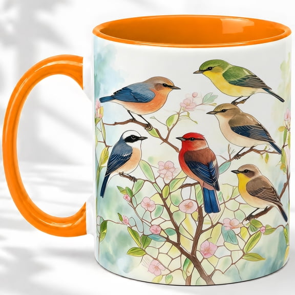 Watercolor Songbird Flock Coffee Mug, Spring Birds Mug, Morning Coffee Tea Cup for Home Office, Six Colorful Birds on Blossom Branches, Garden Nature Decor Art, Bird Lovers Women Men