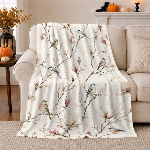 Watercolor Songbird Magnolia Branch Nature Art Serene Spring, Peaceful Botanical Scene, Warm Flannel Blanket for Sunroom and Reading Nook, Garden Lovers Housewarming Gift, Botanical Home Decor