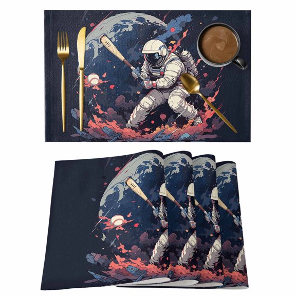 Watercolor Space Man Baseball Sport Placemats Set of 6,Wipeable Washable Table Mats for Dining Tables, Universe Planet Art Place Mats for Kitchen Event Party Tabletop Decor