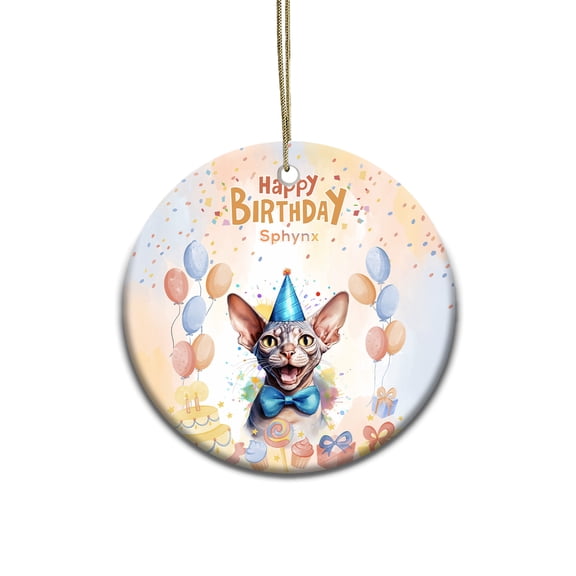 Watercolor Sphynx Happy Birthday Celebration Balloons Gift Party Ceramic Round Ornament Cat Lover Kitten Owner Gifts Idea Home Tree Decor - 00028