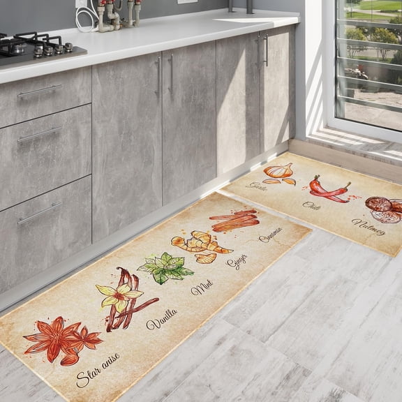 Watercolor Spices Kitchen Mats for Floor Set of 2, Floor Mat Carpet Runner Area Rug Washable, Home Kitchen Decor and Accessories Stuff, 17x30 and 17x47 Inch