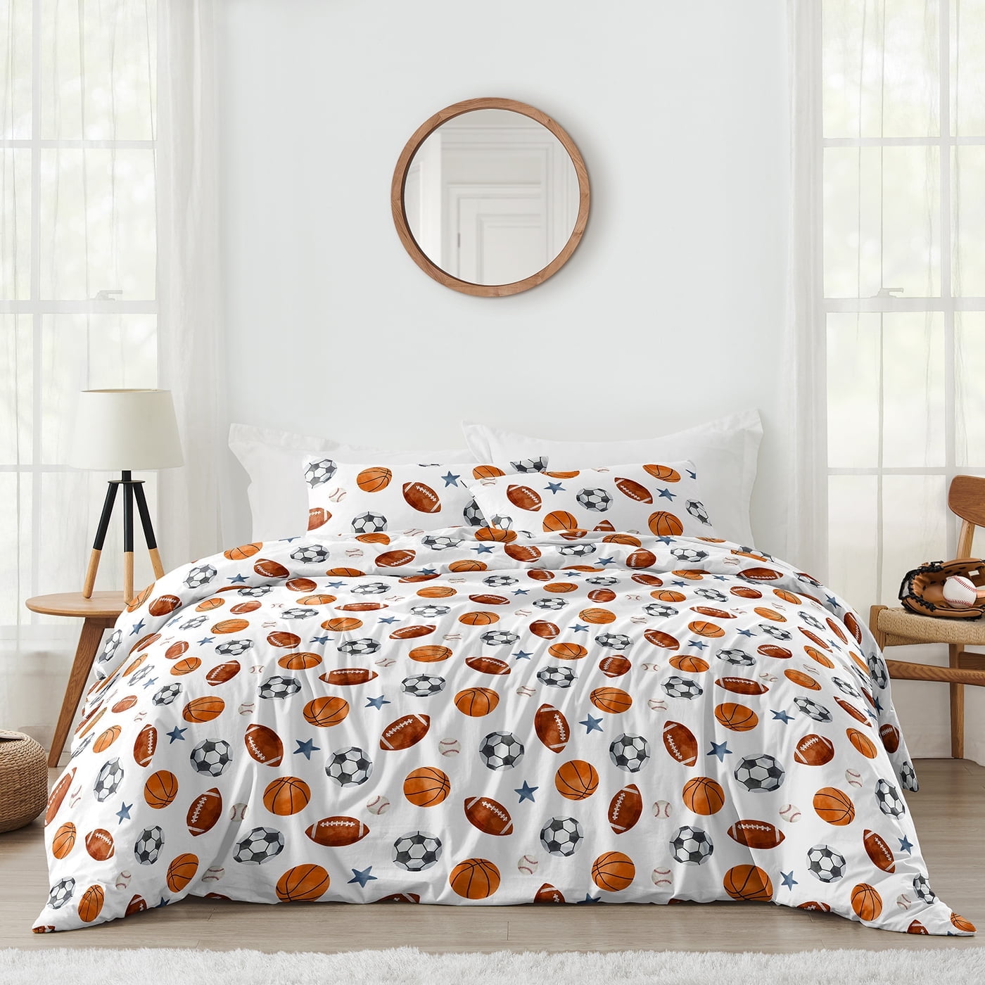Full White Microfiber Boys' Sports Theme Bedding Set