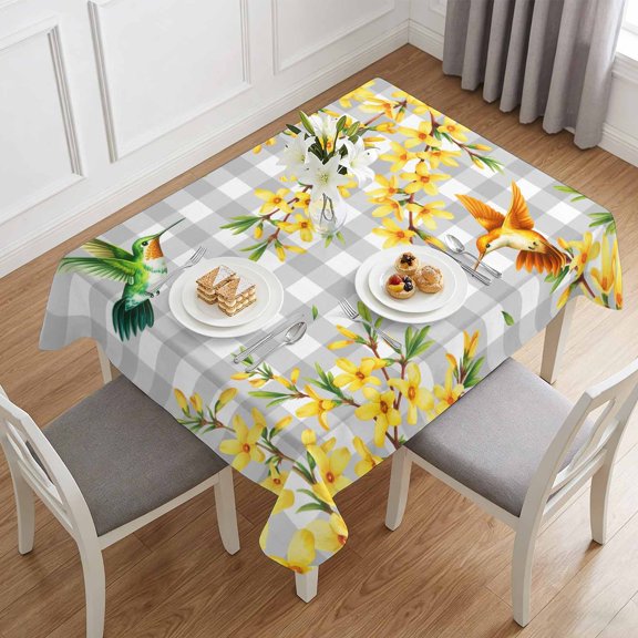 Watercolor Spreaded Flowers Table Cloth 60x84in, Waterproof Rectangle Tablecloth Wipeable Tablecloths Birds Gray White Plaid Table Covers for Dining Tables Party Indoor Outdoor