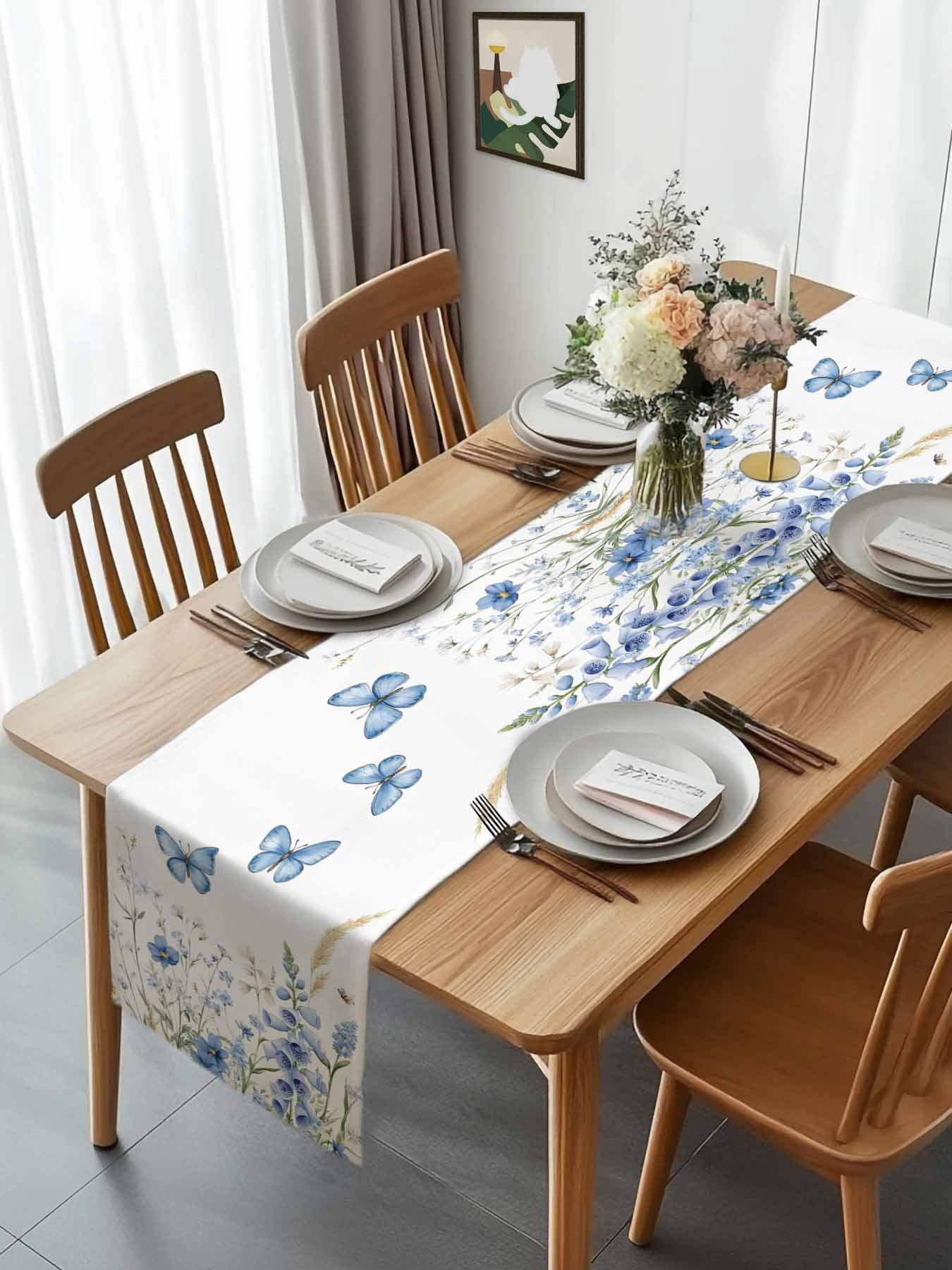 Watercolor Spring Blue Flower Butterfly Table Runner 90 Inches Long, Pastoral Floral Table Runners Tabletop Scarf Kitchen Dining Tables Decoration for Home Party Indoor Outdoor