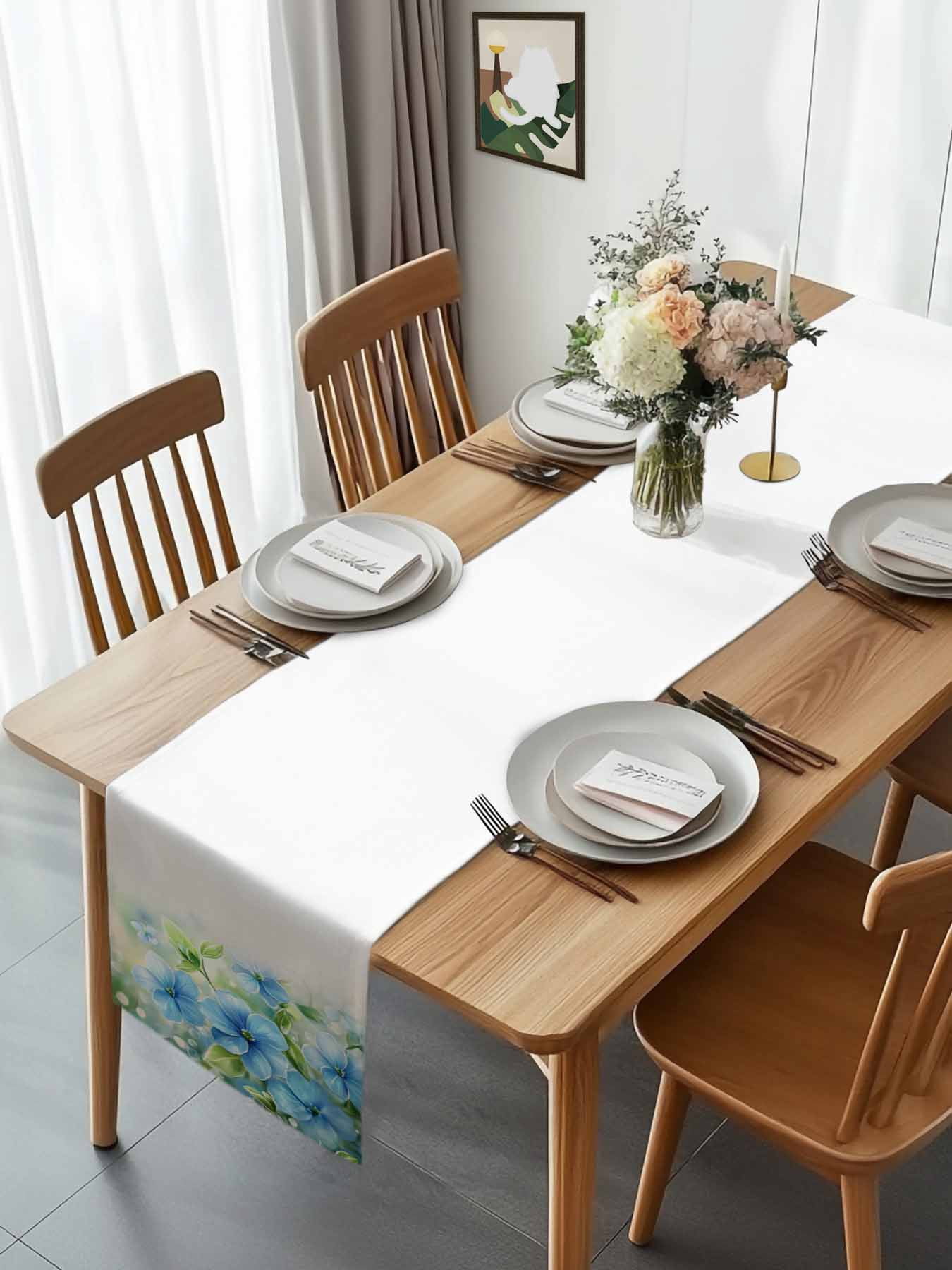 Watercolor Spring Blue Flower Green Leaves Table Runner 90 Inches Long, Pastoral Floral Table Runners Tabletop Scarf Kitchen Dining Tables Decoration for Home Party Indoor Outdoor
