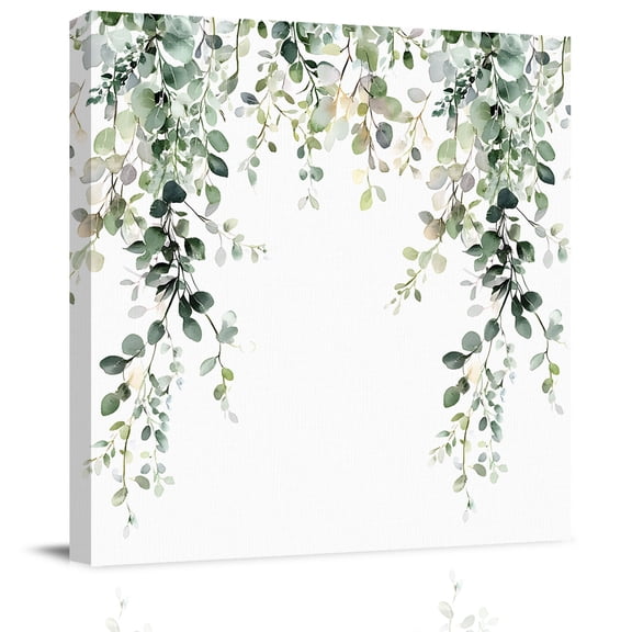 Watercolor Spring Eucalyptus Leaves Canvas Artwork Painting Art, Botanical Leaf on White Square Framed Wall Decorations Prints Picture for Bedroom Kitchen Living Room, 8x8 in
