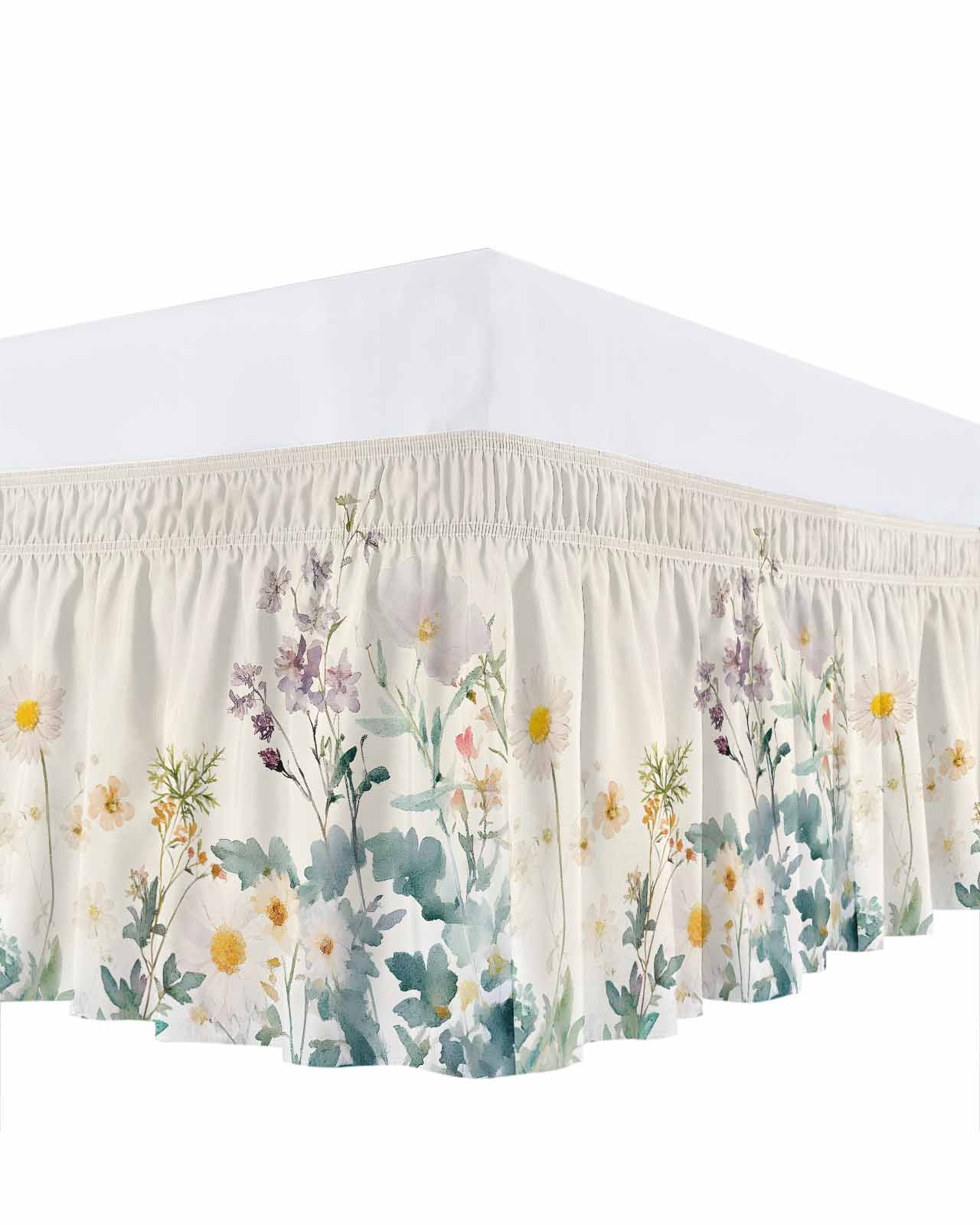 Watercolor Spring Floral Bed Skirt Queen Size,Farmhouse Daisy Green Botanical Wrap Around Bed Skirting with Adjustable Elastic Strap,Dust Ruffle Pleated Bedskirts 16 Inch Drop for Bedroom Queen Beds