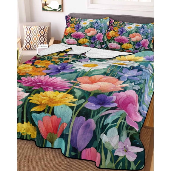 Watercolor Spring Floral Full Size Down Alternative Comforter, Lightweight Comforter Quilt Bedding Set with Pillow Shams Farmhouse Flowers Colorful All Seasons Bed Comforter Duvet Insert 78"x90"