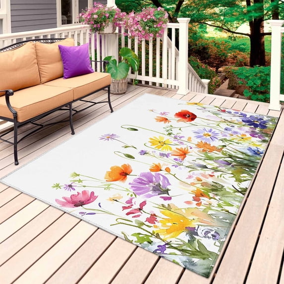 Watercolor Spring Floral Outdoor Rug for Patio/Deck/Porch, Non-Slip Large Area Rug 3 x 5 Ft, Summer Botanical Colorful Indoor Outdoor Rugs Washable Area Rugs, Reversible Camping Rug Carpet Runner