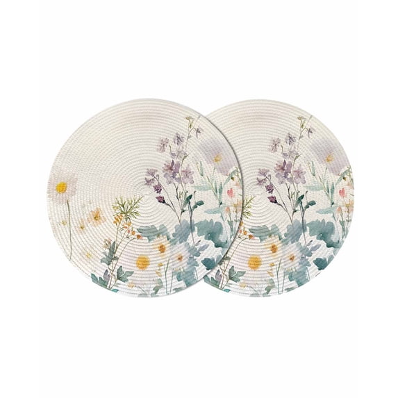 Watercolor Spring Floral Round 15 Inch Placemats Set of 2, Farmhouse Daisy Green Botanical HeatResistant Non Slip Place Mats for Dining Table, Wipeable Braided Kitchen Table Mats for Housewarming