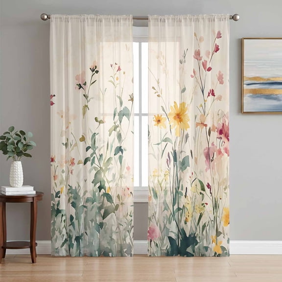 Watercolor Spring Floral Sheer Curtains 96 Inch Length 2 Panels Set, Vintage Flowers Botanical Voile Window Treatment Semi Sheer Long Curtains Drapes for Bedroom/Living Room/Kitchen 52"x96"x2