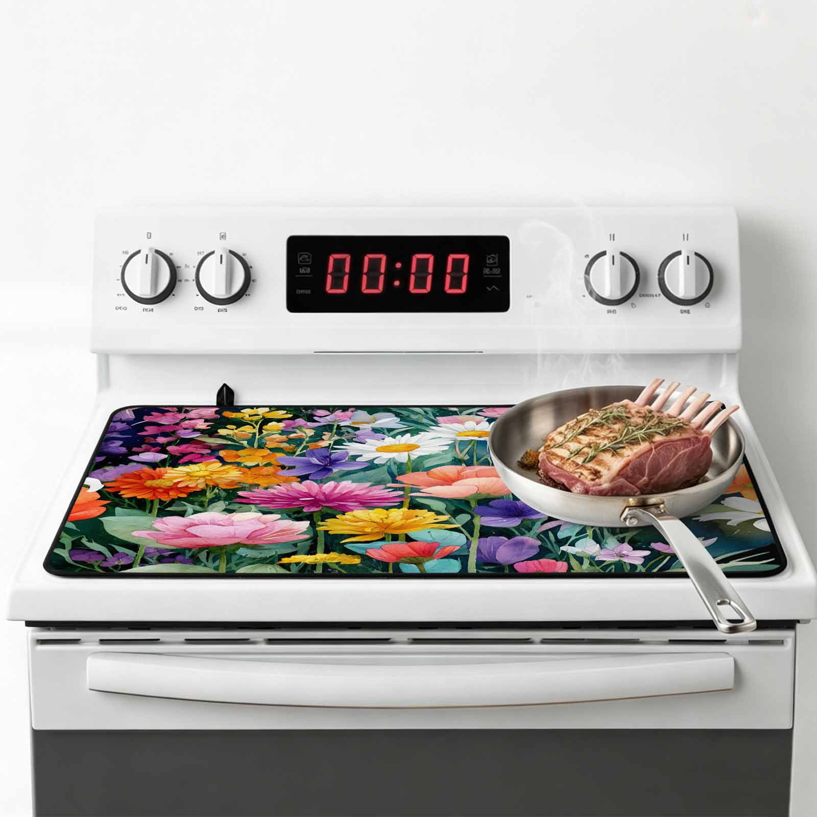 Watercolor Spring Floral Stove Top Cover for Electric Stove, Heat-proof & Non Slip Glass Top Stove Cover Protector, Farmhouse Flowers Colorful Kitchen Flat Cooktop Rubber Mat 24x21 Inches
