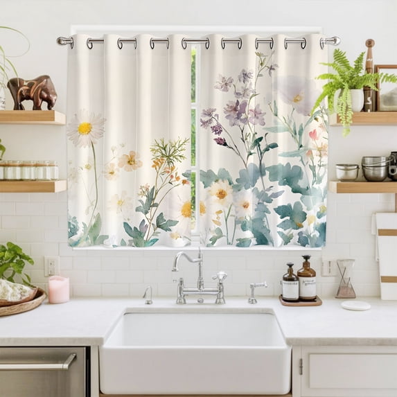Watercolor Spring Floral Window Curtains Panels with Grommet, Farmhouse Daisy Green Botanical Kitchen Cafe Curtain Draperies Window Treatment Set for Living Room/Bedroom/Laundry/Bathroom, 104x72