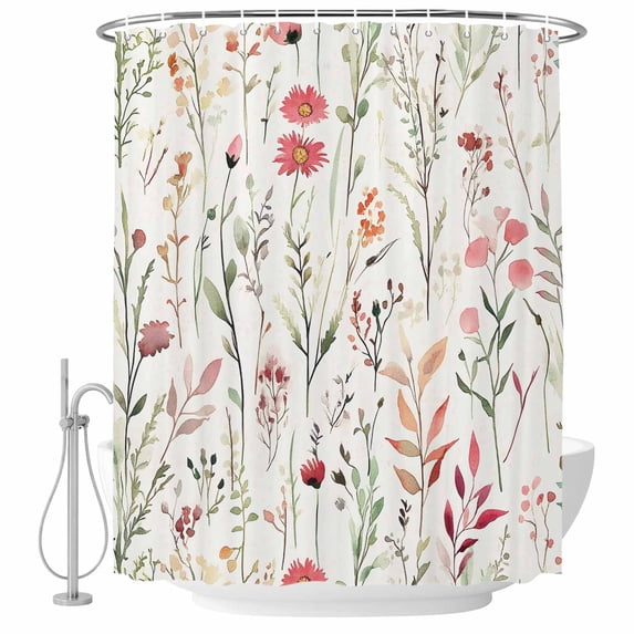 Watercolor Spring Flower Fabric Shower Curtain Floral Leaves Washable Shower Curtains for Bathroom, Waterproof Bath Curtain with Hooks Home Decor 72x72in
