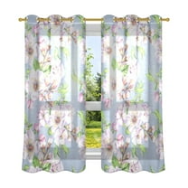 Watercolor Spring Flowers Semi Sheer Curtains 2 Panels Faux Linen Voile Sheer Drapes for Office Living Room 63x42in