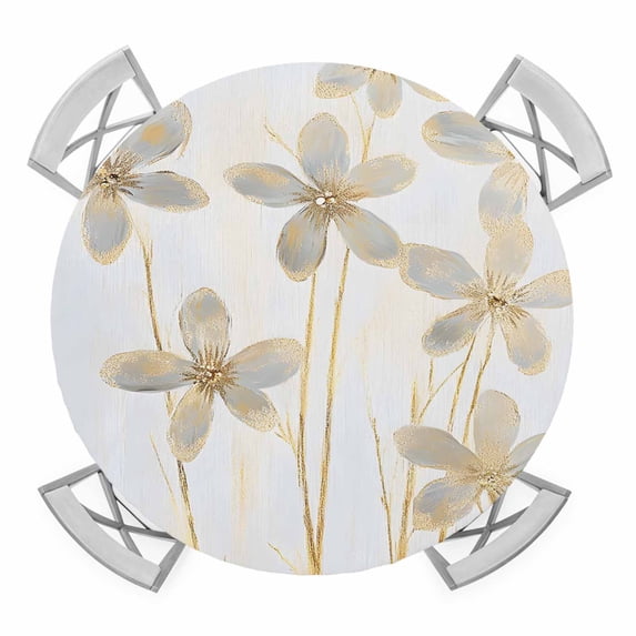 Watercolor Spring Gray Flower Elastic Fitted Round Table Cover Floral Leaf Waterproof Outdoor Tablecloth for Holiday Party, Picnic, Patio & Dining Fits Tables Up to 55"-60"