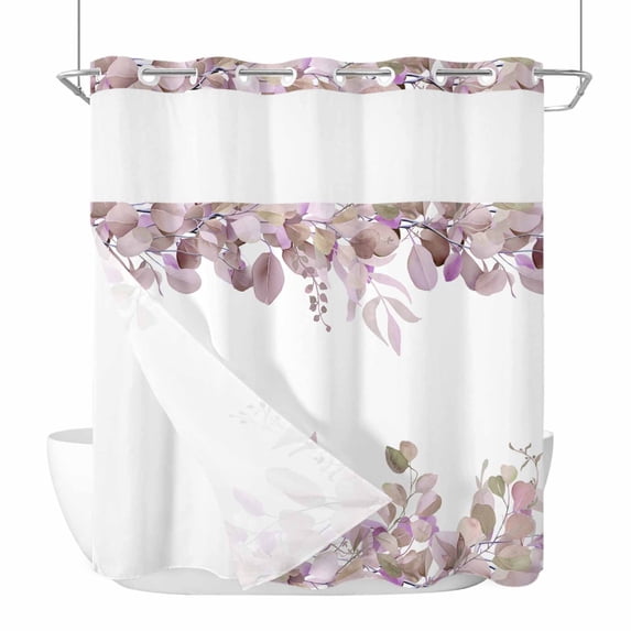 Watercolor Spring No Hooks Shower Curtain with Snap-in Liner Pink Eucalyptus Leaves Shower Curtains for Bathroom, Waterproof, Easy Install, Washable 72"x78"