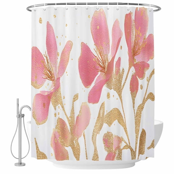 Watercolor Spring Pink Flower Fabric Shower Curtain Floral Leaf Washable Shower Curtains for Bathroom, Waterproof Bath Curtain with Hooks Home Decor 36x72in