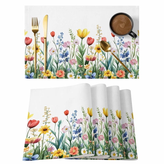 Watercolor Spring Placemats Set of 2, Colorful Flowers Plants Romantic Garden Non-Slip Place Mats Washable Table Mats for Kitchen Dining Table Decorations Indoor/Outdoor