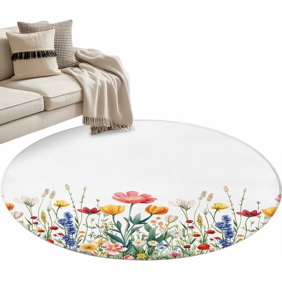 Watercolor Spring Round Area Rug 3ft Colorful Floral Plants Romantic Garden Non-Slip Washable Circle Rugs Soft Felt Indoor Floor Mat for Bedroom Kitchen Living Room Bathroom