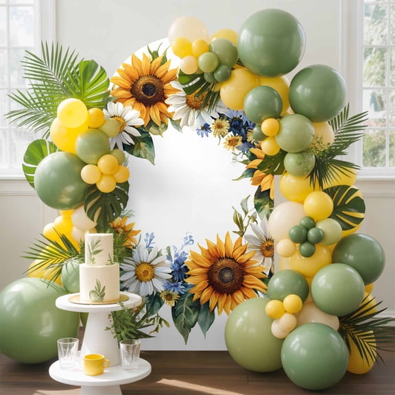 Watercolor Spring Sunflower Flower Garland Leaves Arch Backdrop Cover Stretchy Spandex Arch Cover 6ft, White Background Round Top Chiara Stand Covers for Wedding Birthday Party Ceremony Banquet