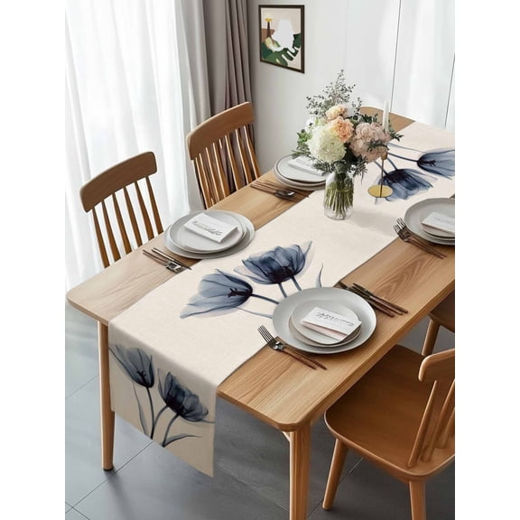 Watercolor Spring Tulip Flower Table Runner 13x70in Non-Slip Cotton Linen Table Runners, Blue Floral Plant on Burlap Dresser Scarves TableRunner for Dinner Kitchen Dining Wedding Party