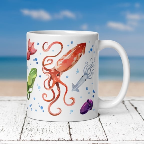 Watercolor Squid Mug, Ocean Coastal Dr, Marine Gift.