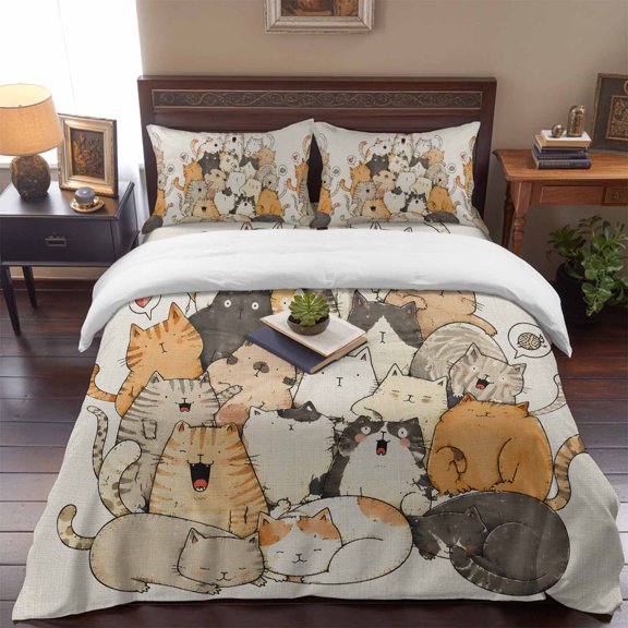 Watercolor Stacked Cartoon Cats Queen Size Bed Set,Kitties on Linen Texture Bedding for All Seasons,4 Pcs Bed Set,1 Quiltcover (90"x90"),1 Sheet (90"x102"),2 Pillowcases (20"x30")