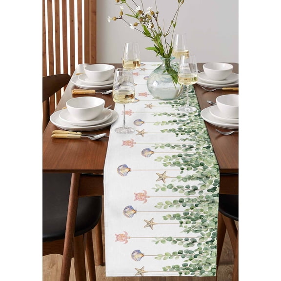 Watercolor Starfish Conch Shell on Retro Table Runner 13x90in Non-Slip Cotton Linen Table Runners, Marine Life Dresser Scarves TableRunner for Dinner Kitchen Dining Wedding Party
