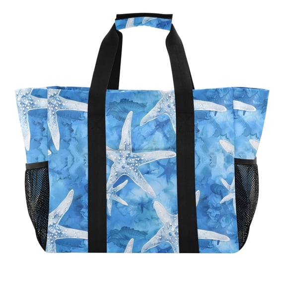 Watercolor Starfish Reusable Grocery Bags with Handle Side Pocket Waterproof Shopping Portable Tote