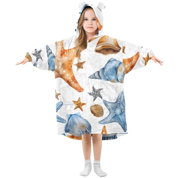 Watercolor Starfish Seashell Flannel Wearable Blankets Hooded Design Long Sleeves Wrap Unisex for 3T-14Y S