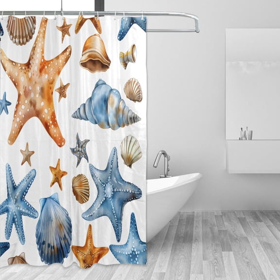 Watercolor Starfish Seashell Shower Curtains with 12 Hooks Waterproof Bathroom Decor 66" x 72"