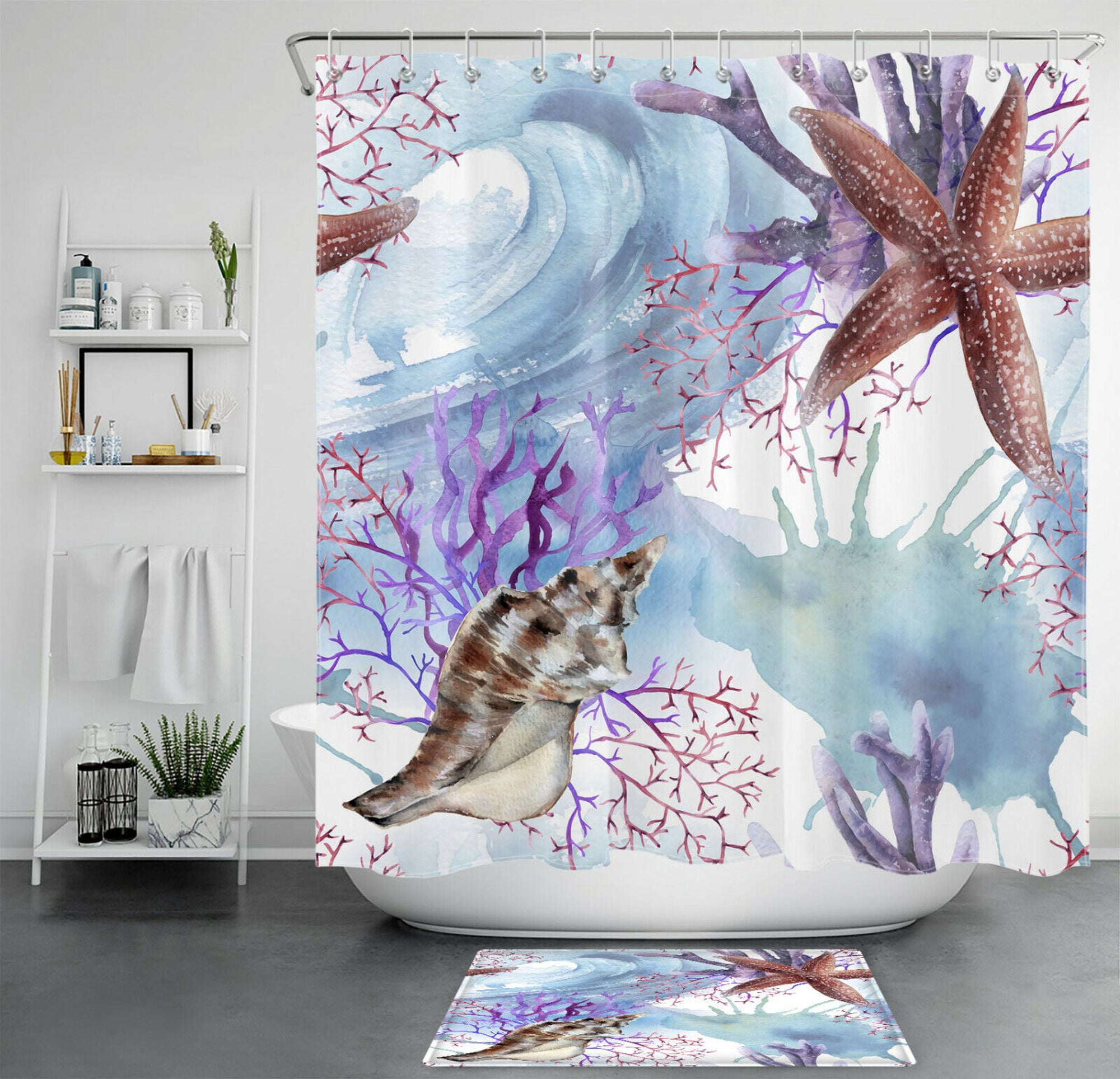 Watercolor Starfish and Conch Shower Curtain - Ocean-Themed Bathroom ...