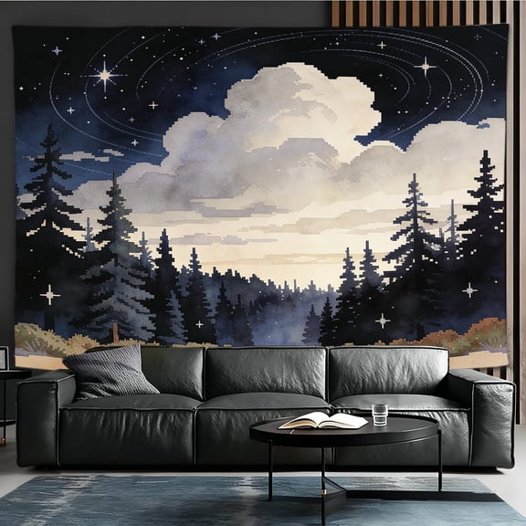 Watercolor Starry Cloud Tapestry, Celestial Night Sky Wall Hanging, Spiral Constellation Stars over Landscape, Boho Bedroom Dorm Decor 30x40inch