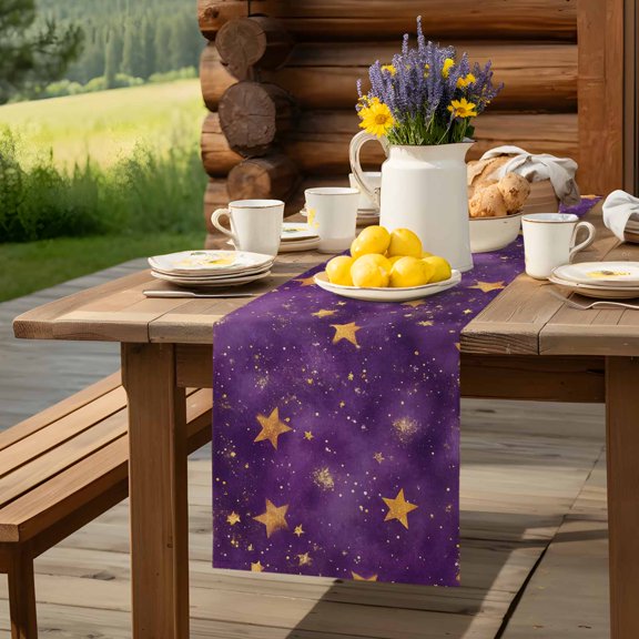 Watercolor Starry Sky on Purple Table Runner 60 Inch Long Dream Seamless Gold Star Table Runners Linen Burlap Tablerunner for Kitchen Dining Room Holiday Party