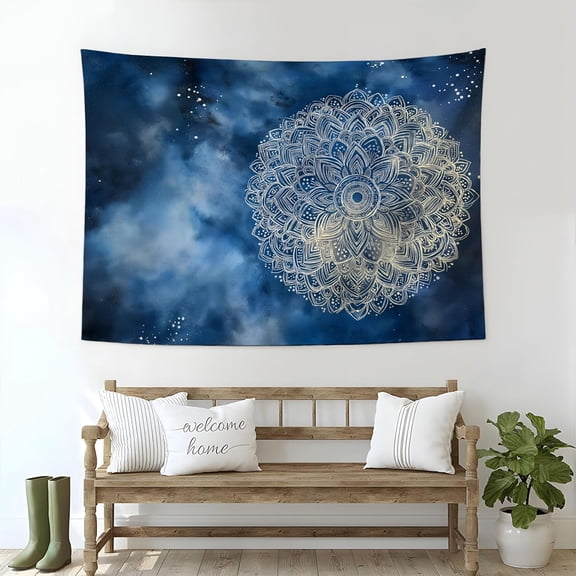 Watercolor Starry Sky Tapestry for Bedroom Meditation Mandala wall hanging Decor, Aesthetic Decoration for Living Room Ceiling Dorm Home Art Backdrop Tablecloth 40L x 30W, Dark Blue