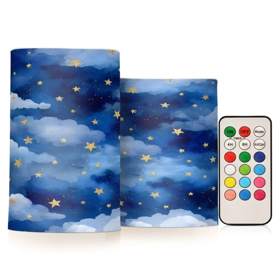 Watercolor Stars Pattern Flameless LED Candle Set with Remote, Battery Operated Color Changing Pillar Candles, Set of 2