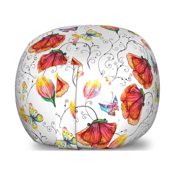 Watercolor Storage Toy Bag Chair, Doodle Drawing Style Natural Scene with Butterflies and Flowers Swirl Stripes, Stuffed Animal Organizer Washable Bag, Small Size, Multicolor, by Ambesonne