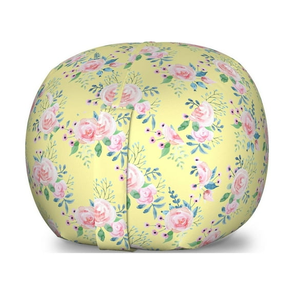 Watercolor Storage Toy Bag Chair, Spring Theme Hand Drawn Flowers, Stuffed Animal Organizer Washable Bag, Large Size, Pale Yellow Pale Pink, by Ambesonne