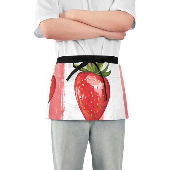 Watercolor Strawberries Vertical Stripes Short Server Apron with 3 Pockets for Unisex Chef Gardening