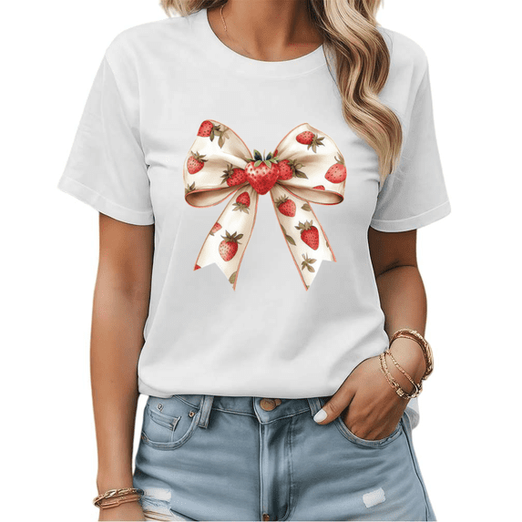 Watercolor Strawberry Coquette Bow Graphic Tees Womans T-shirt Black/White S-5XL Shirts Romantic Fruit Tops