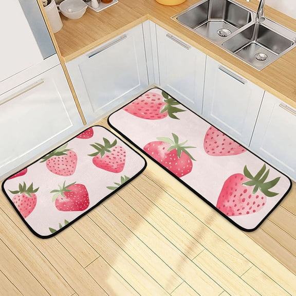 Watercolor Strawberry Kitchen Mat Set of 2 Cushioned Non Slip Rugs for Bedroom Floor Runner Mats