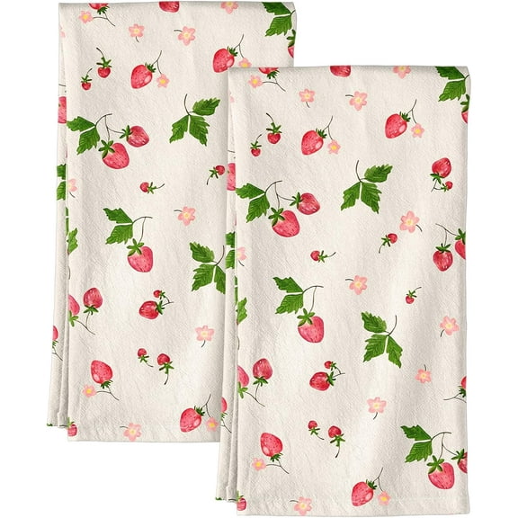 Watercolor Strawberry Kitchen Towels Set of 2 Spring Dish Towels with Hanging Loop 16x24 Inch Absorbent Reusable Cotton Cloths for Cleaning Cute Design Home Decorative Housewarming