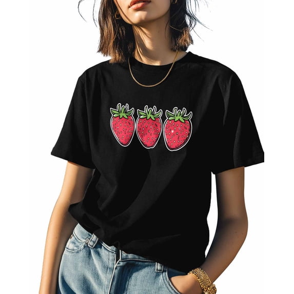 Watercolor Strawberry Womens Tshirt Graphic Tees Cotton Crew Neck T-Shirts, Casual Short Sleeve Shirts for Women Teen Girl Farm Fruit