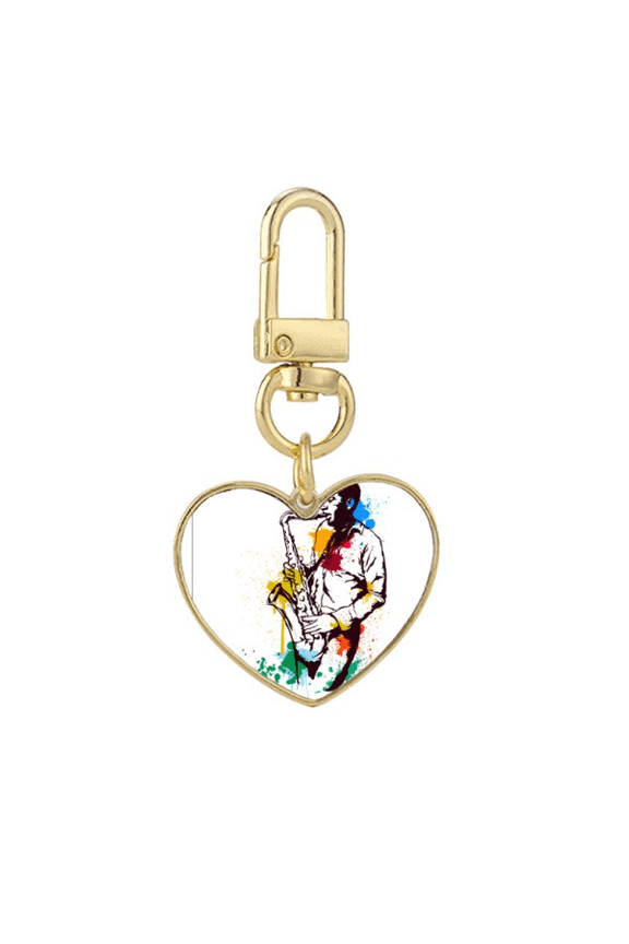 Watercolor Street Man Rock Music Painting Gold Heart Keychain Metal Keyring Holder