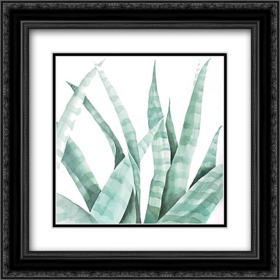 Watercolor Striped Desert Plant 2x Matted 20x20 Black Ornate Framed Art Print by Atelier B Art Studio