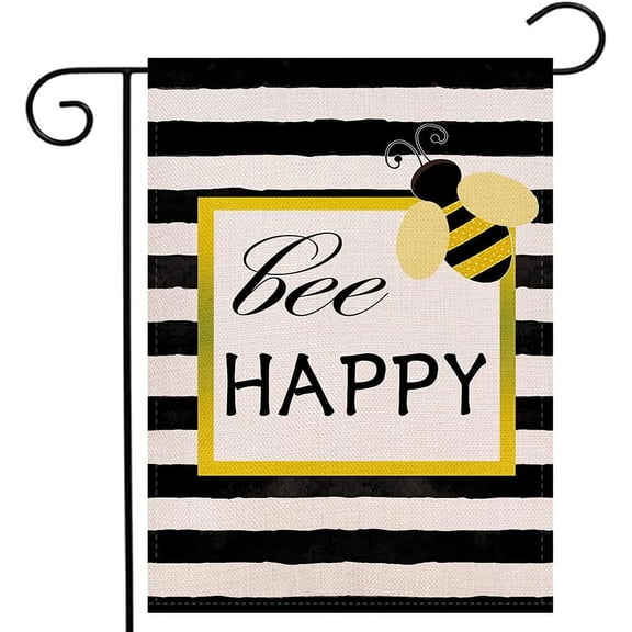 Watercolor Stripes Bee Happy Garden Flag Vertical Double Sided Summer Holiday Yard Outdoor Decoration 12.5 x 18 Inch